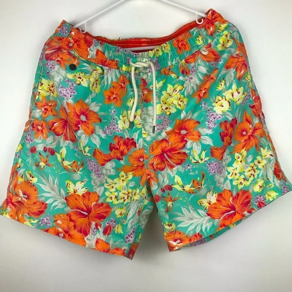 Polo Ralph Lauren Teal and Orange Hibiscus Tropical Print Swim Trunks